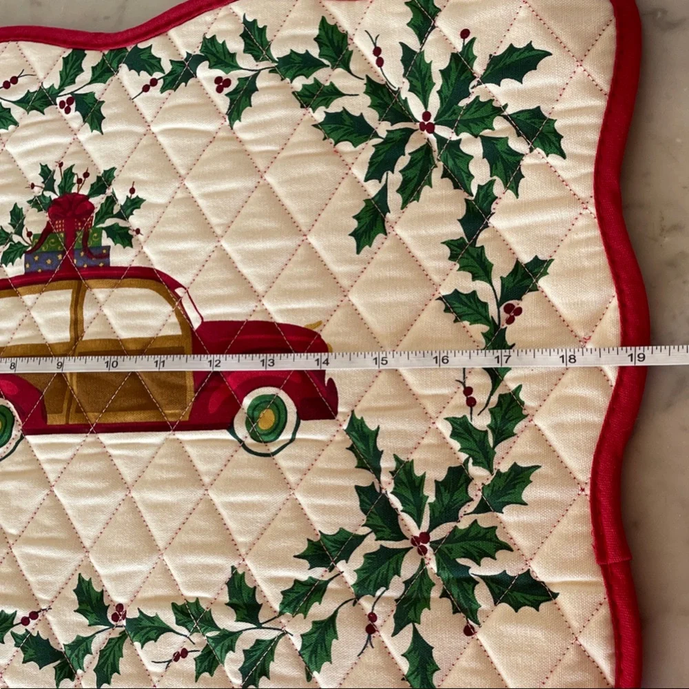 LENOX Holiday Antique Car and Holly Quilted Placemats Red and Green Qty (7)